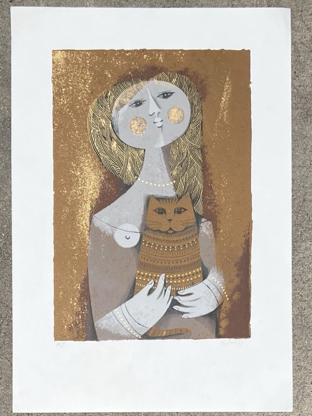 Sami Briss "Girl With Cat" Signed AP Artist Proof Gold Modernist Print 15x22"  N